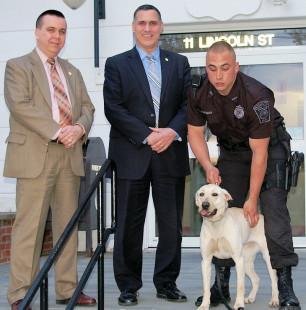 (L to R) Capt J. Rogers, Chief Botieri, K-9 Officer M. Higgins and "Shirley" on the steps of Town Hall (April/2010)
