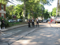 Motorcycle Unit Sgt. Vecchi and Ptl. Maloney confer with Sgt. Ferguson on Lincoln Street (13/Aug/10)
