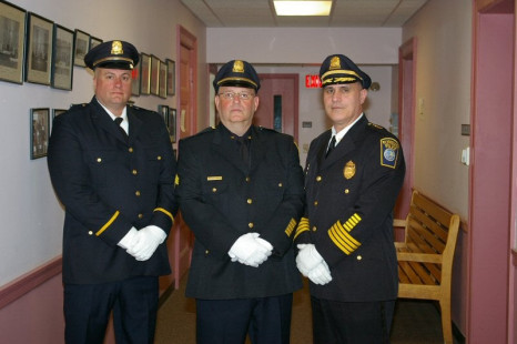 (L to R) Lt. S. Tavekelian, Sgt. Ferazzi, and Chief Botieri at promotional swearing in at Town Hall (17/May/11)
